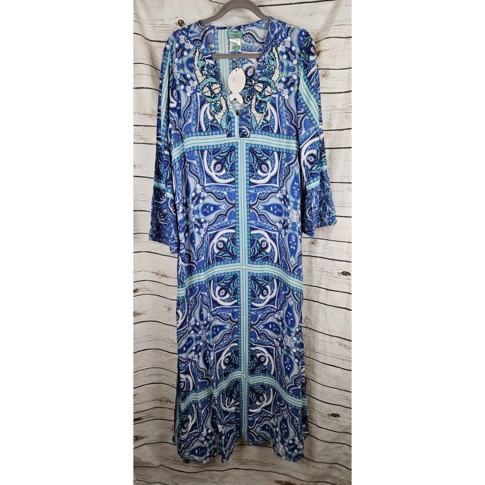 Antica Sartoria by Giacomo Cinque Blue Floral Caftan Dress L/XL Beaded NEW Maxi